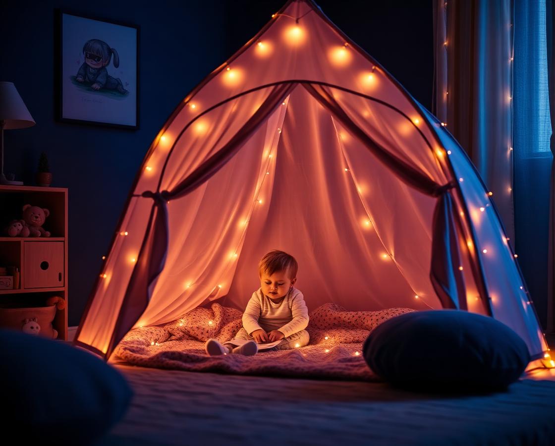 Glowing sensory tent filled with warm fairy lights in a dark navy bedroom